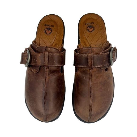 CROCS Cobbler Buckle Strap Leather Clogs Brown - Picture 3 of 11